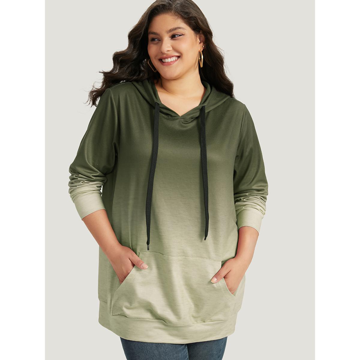 Plus Size Ombre Pocket Drawstring Hooded Sweatshirt Women Sage Casual Elastic cuffs Hooded Everyday Sweatshirts BloomChic 18-20/2X Product Image