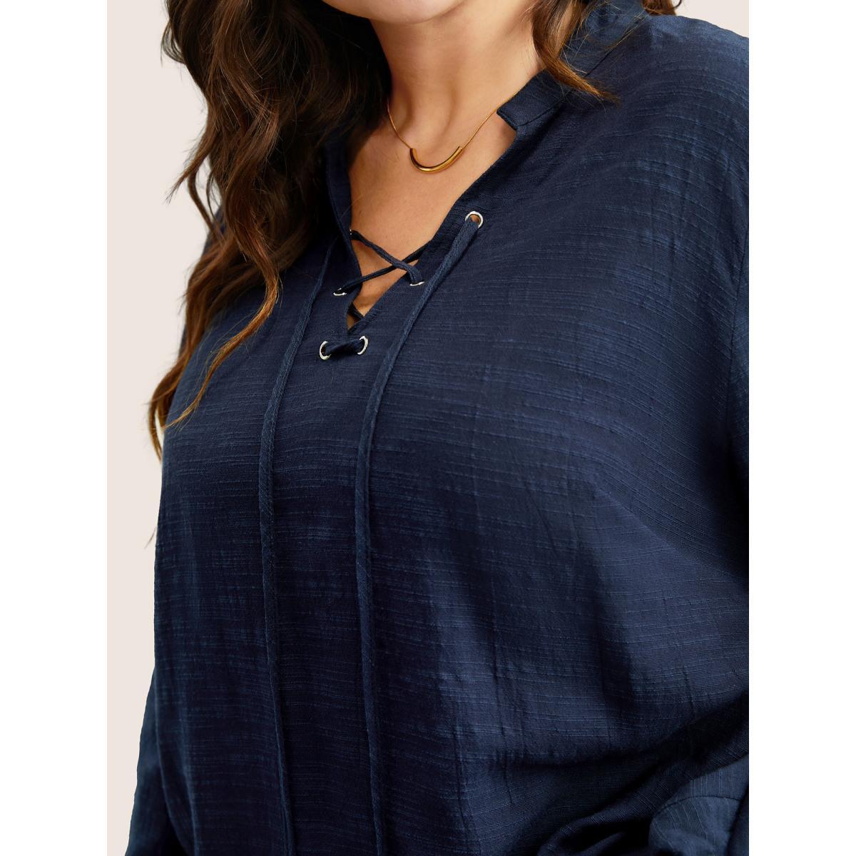 Plus Size Scarlet Plain Lace Up Lantern Sleeve Blouse Women Casual Long Sleeve Shirt collar Everyday Blouses BloomChic 10/M Product Image
