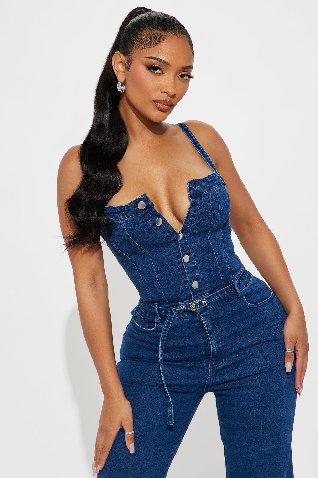 Slay The Day Denim Jumpsuit - Dark Denim Product Image