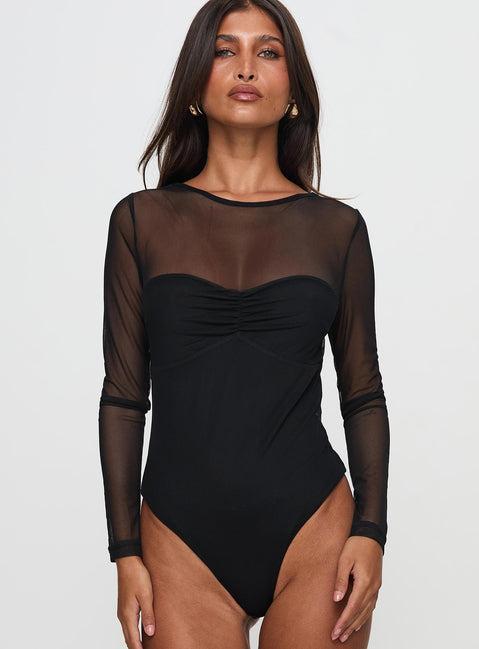 Delanee Mesh Detail Long Sleeve Bodysuit Black Product Image