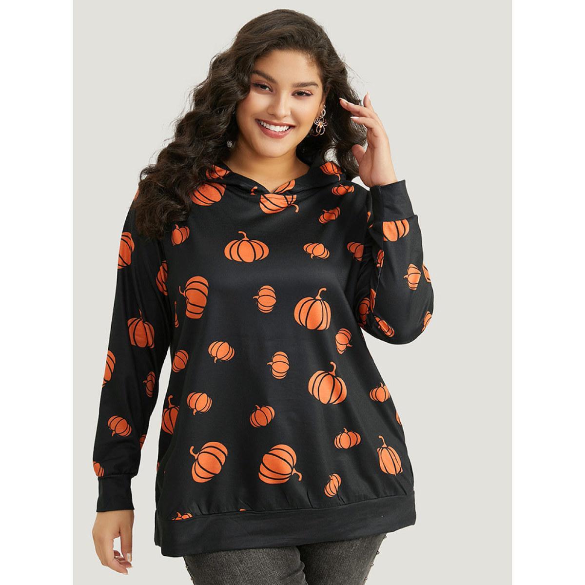Plus Size Pumpkin Print Hooded Sweatshirt Women Black Casual Elastic cuffs Hooded Festival-Halloween Sweatshirts BloomChic 26/4X Product Image