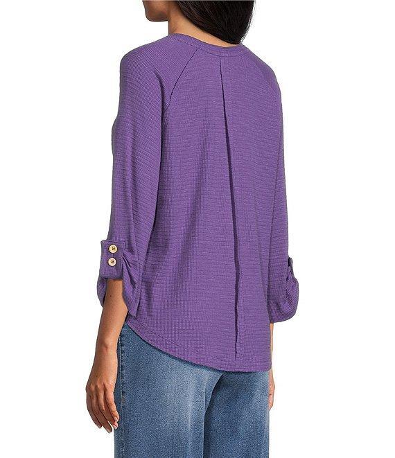 Westbound Petite Size Solid Knit 3/4 Bell Sleeve V-Neck Top Product Image