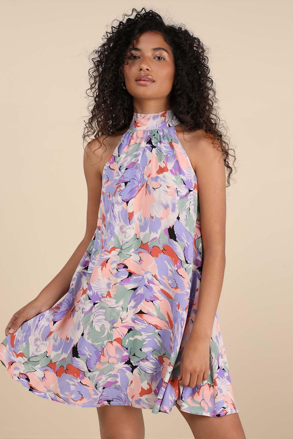 Tied Back To You Lavender Multi Floral Print Mini Shift Dress Product Image