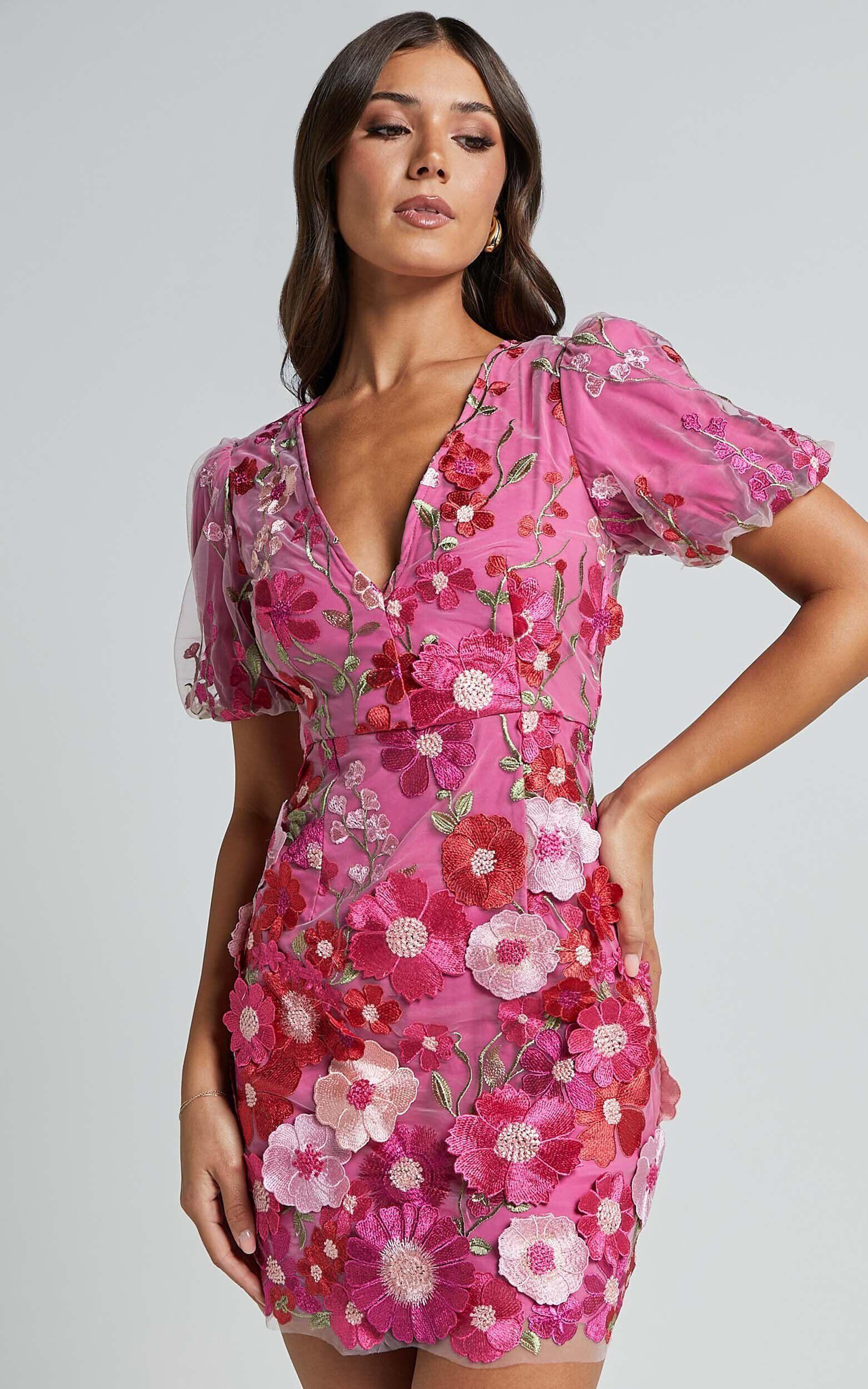 Wren Mini Dress - Puff Sleeve Bodycon 3d Garden Flowers Dress in Magenta Product Image