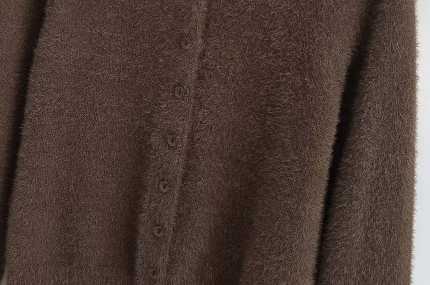 Crew Neck Plain Button-Up Crop Cardigan Product Image