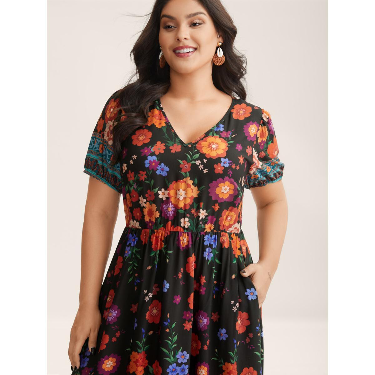 Plus Size Colorful Floral Print V-Neck Midi Dress Black Women V-neck Sleeveless Curvy BloomChic 14-16/1X Product Image