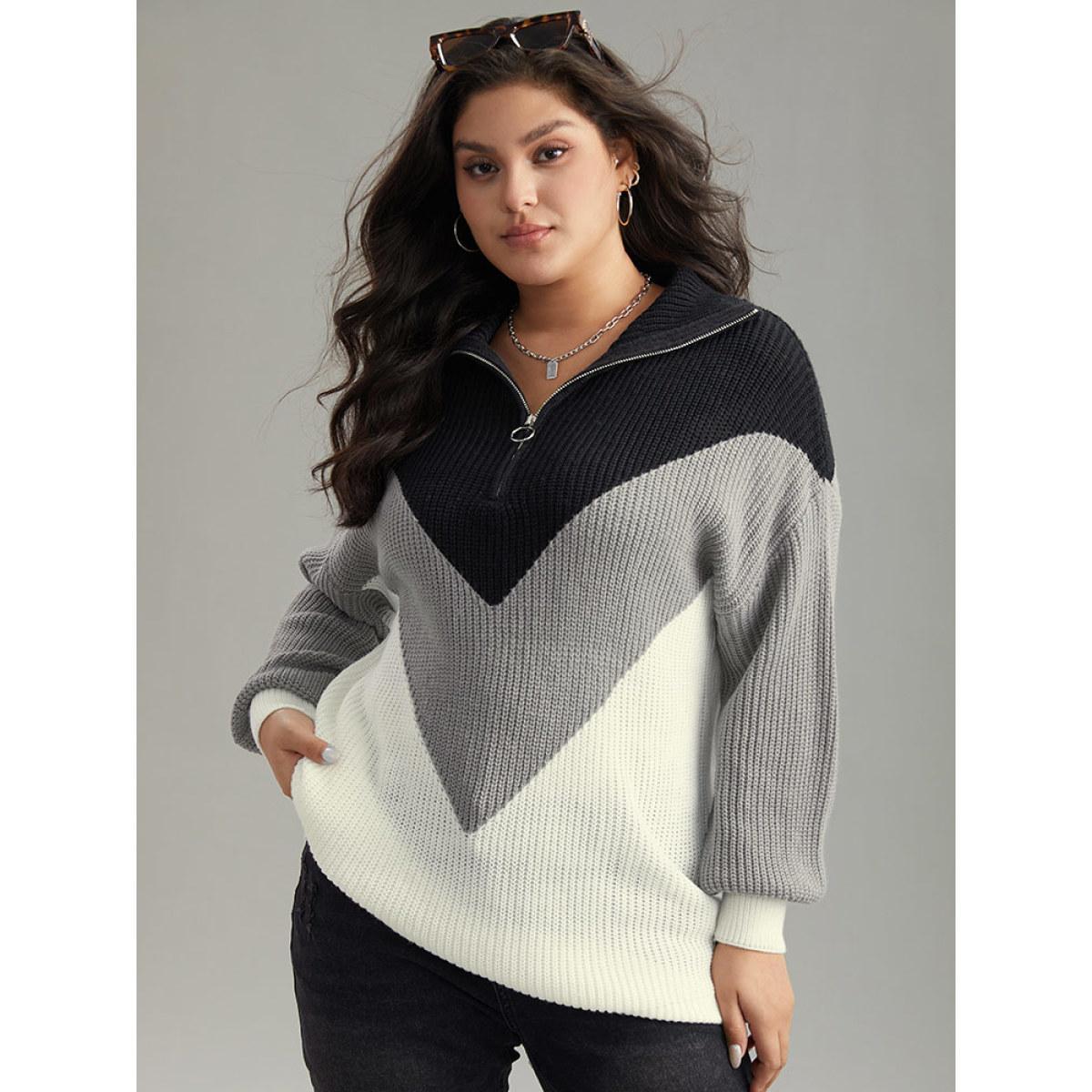 Plus Size Colorblock Patchwork Zipper Lapel Collar Pullover Multicolor Women Casual Long Sleeve Lapel Collar Everyday Pullovers BloomChic 26/4X Product Image