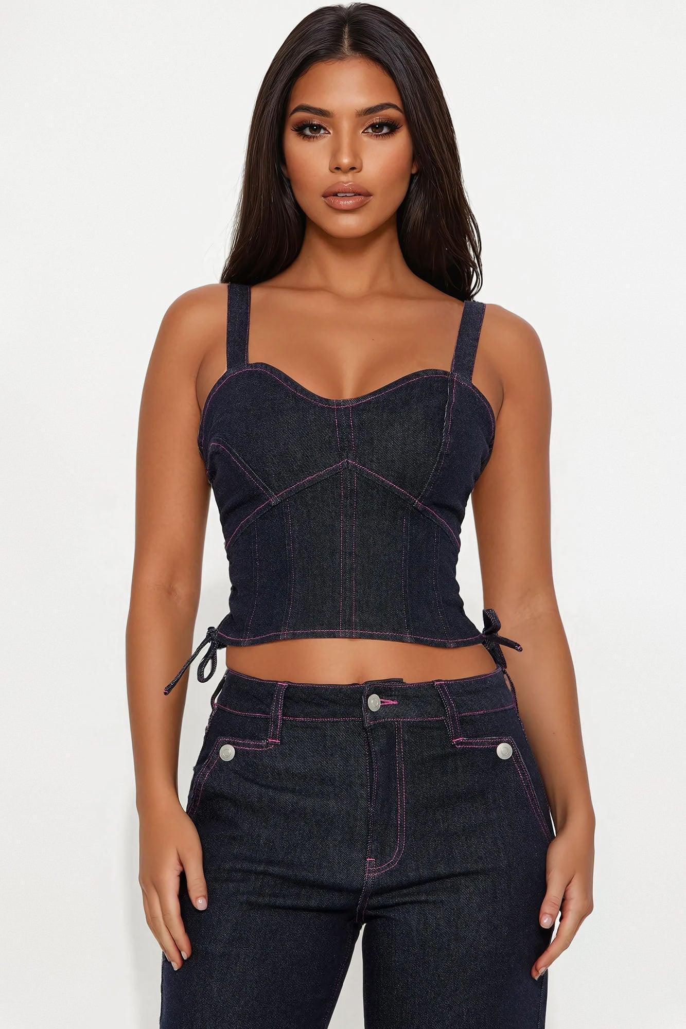On Duty Denim Wide Leg Pant Sets - Dark Wash Product Image