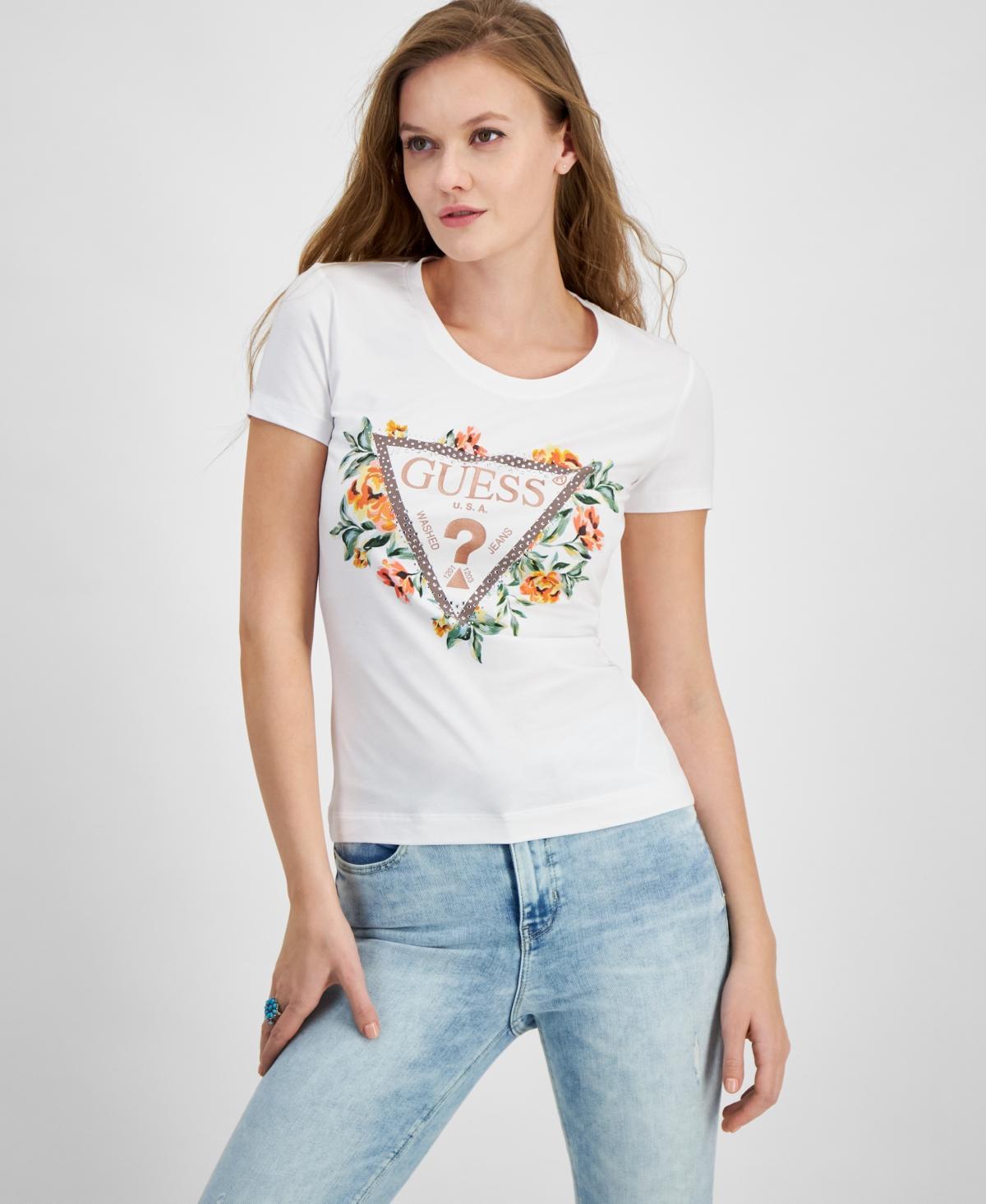 Guess Womens Triangle Floral Logo Embellished T-Shirt Product Image