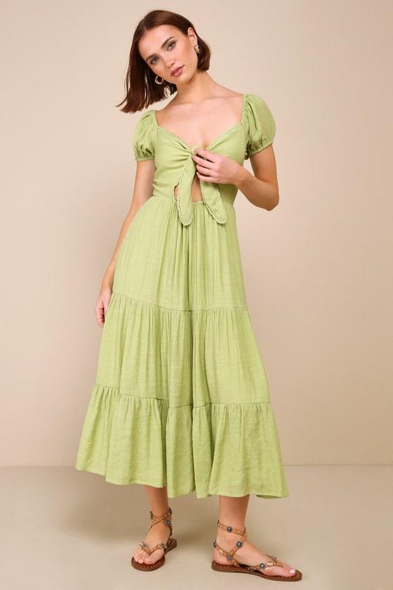 Darling Concept Green Tiered Tie-Front Puff Sleeve Midi Dress Product Image