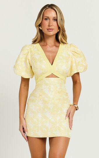 Diana Mini Dress - Jacquard Short Sleeve Cut Out Dress in Lemon Product Image