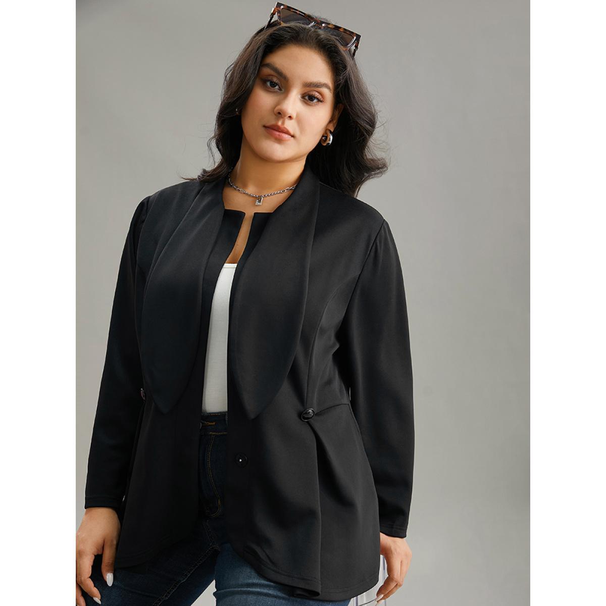 Plus Size Plain Button Detail Asymmetrical Ties Blazer Black Women Dailywear Plain Plain Sleeve Long Sleeve Asymmetrical Neck 12/L Elegant Blazers BloomChic Product Image