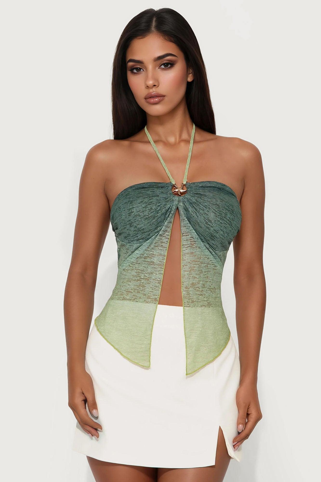 Coral Ombre Halter Flyaway Top - Green Product Image