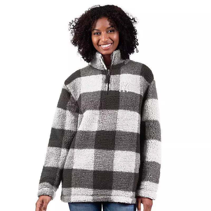 Women's G-III 4Her by Carl Banks  Gray New York Yankees 24/7 Plaid Quarter-Zip Sherpa Jacket, Size: Large, Grey Product Image
