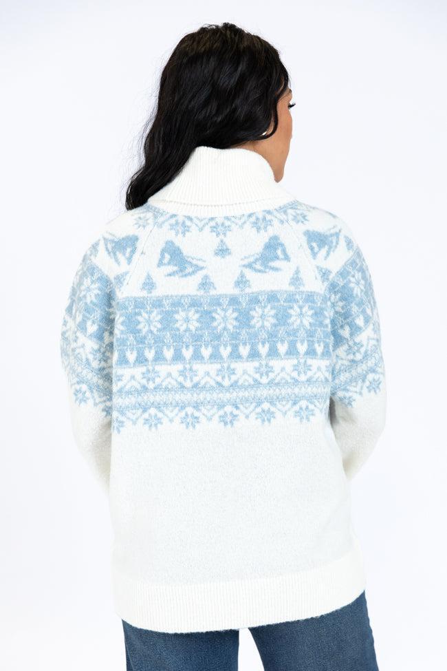 For The Best Ivory and Blue Ski Print Fair Isle Turtleneck Sweater FINAL SALE Product Image