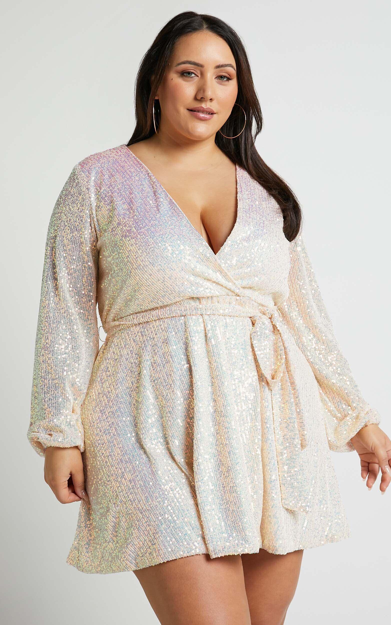 Three Of Us Mini Dress - Long Sleeve Wrap Dress in White Sequin Product Image