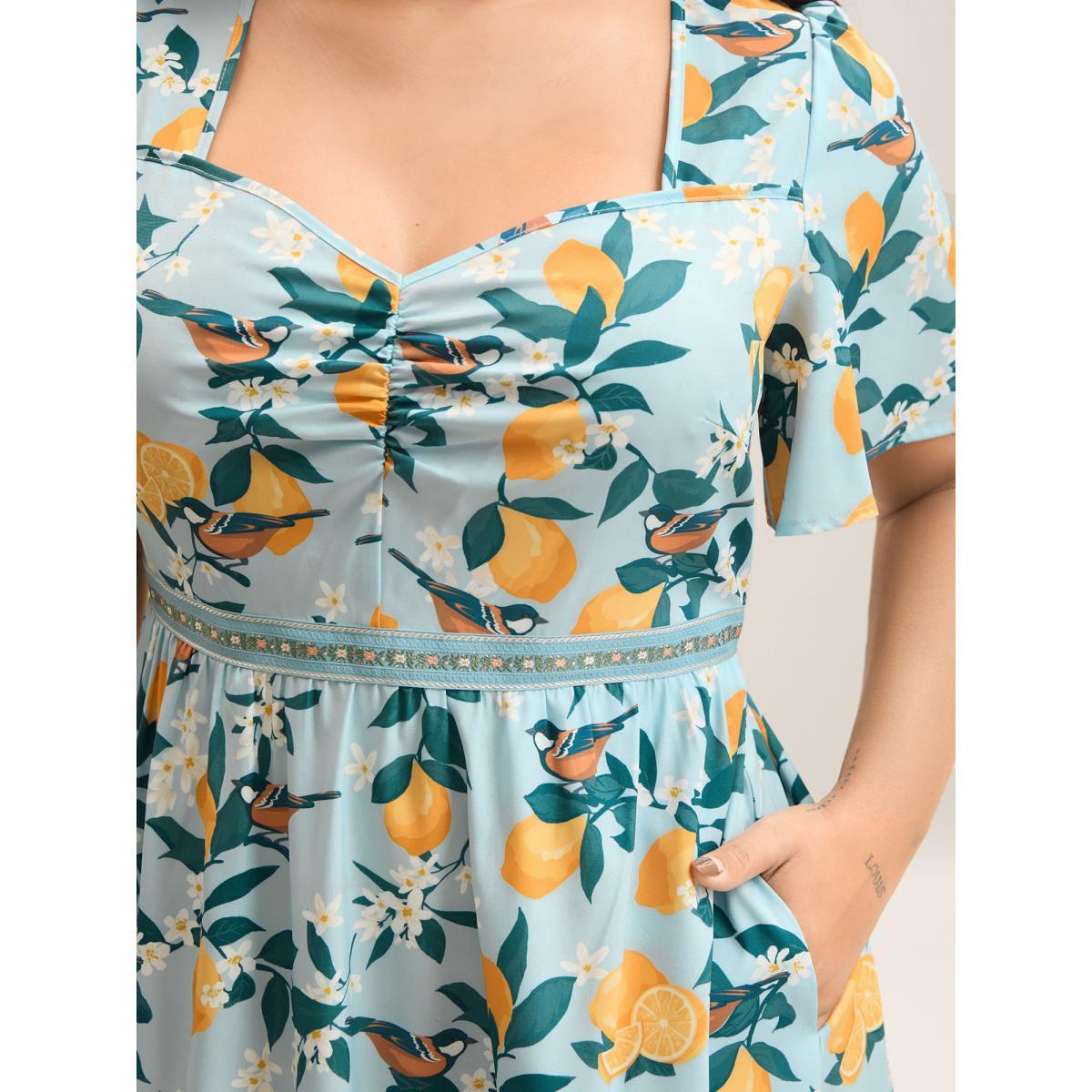 Plus Size Citrus Print Sweetheart Neckline Midi Dress LightBlue Women Gathered Heart neckline Short sleeve Curvy BloomChic 10/M Product Image
