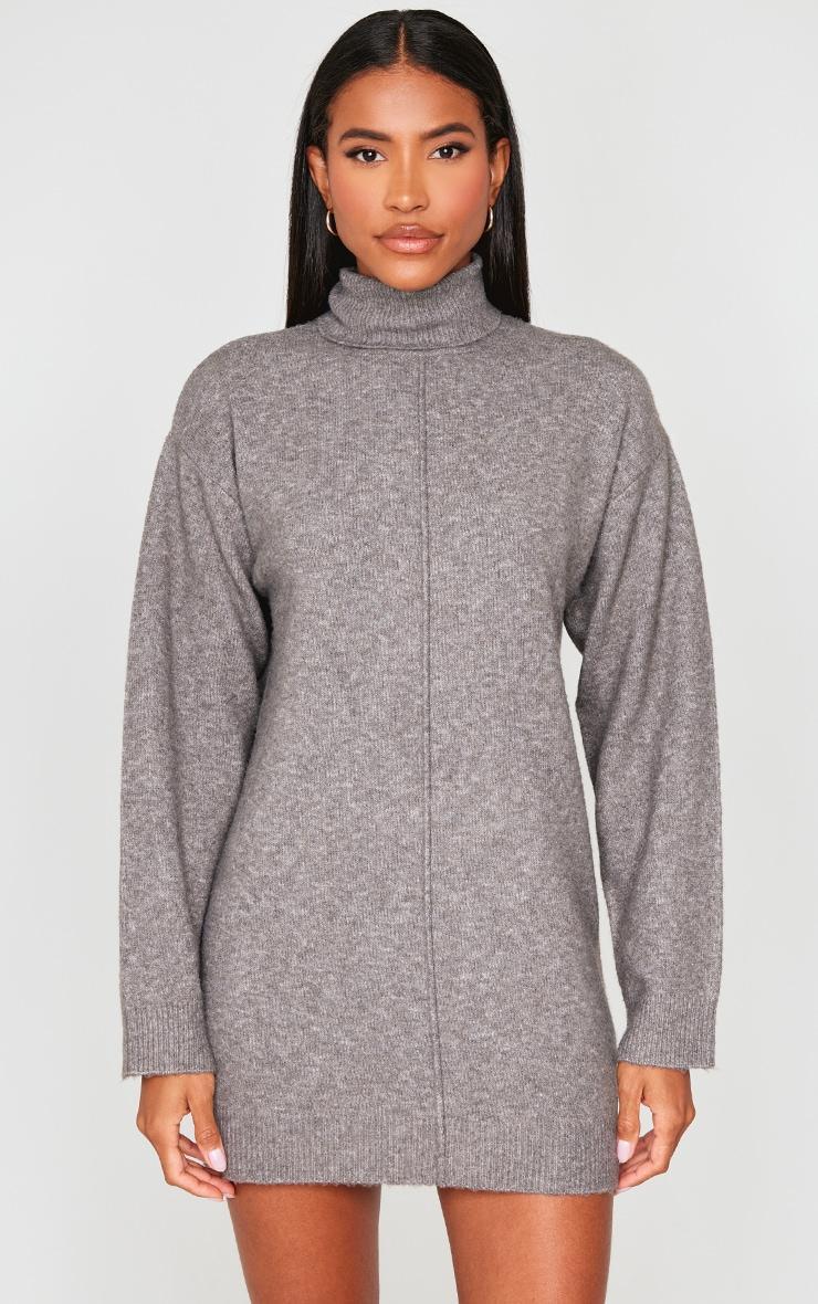 Charcoal Soft Knit Roll Neck Oversized Seam Detail Sweater Dress Product Image