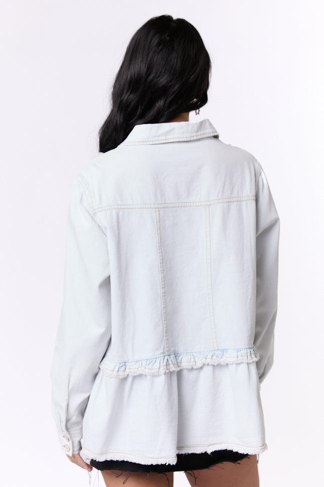 Here To Prove Light Wash Ruffle Trim Peplum Chambray Blouse SALE Product Image