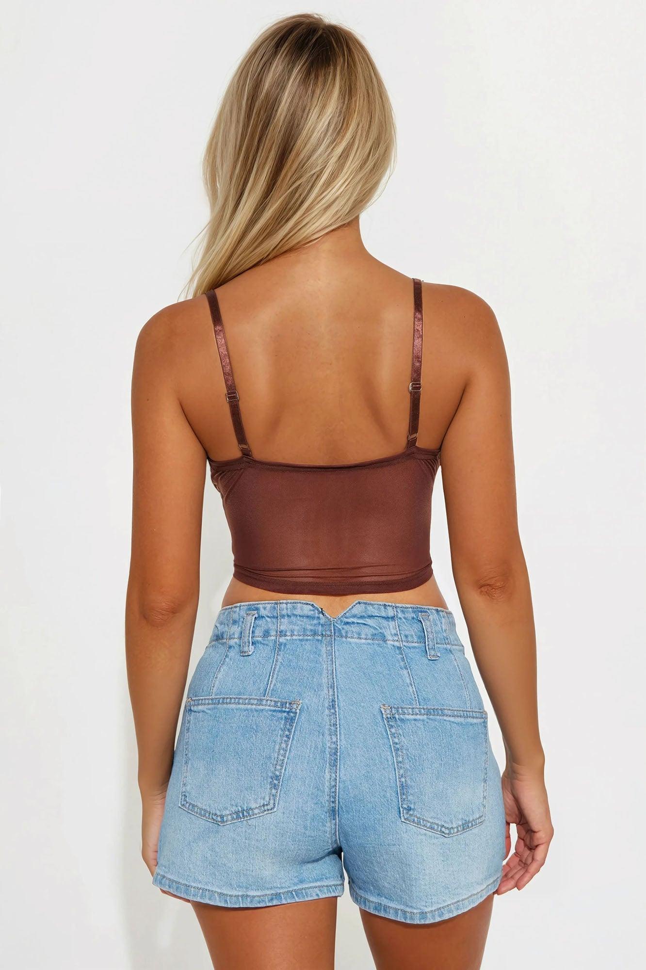 Clementine Mesh Rhinestone Cami Top - Brown Product Image