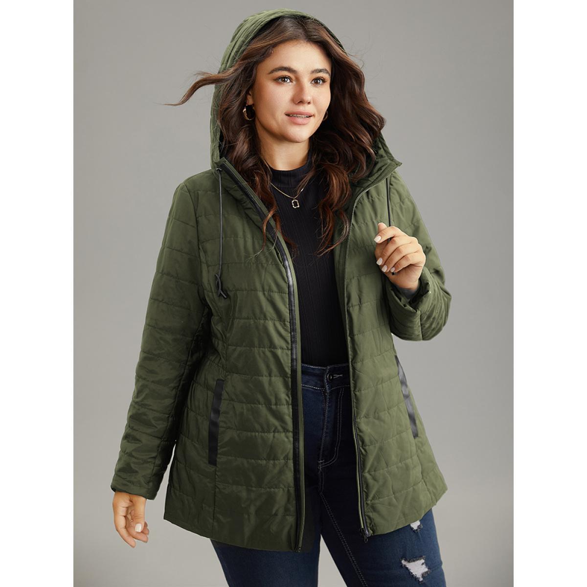 Plus Size Drawstring Patchwork PU Leather Zipper Jacket Women ArmyGreen Casual Lined Ladies Everyday Winter Coats BloomChic 28/5X Product Image