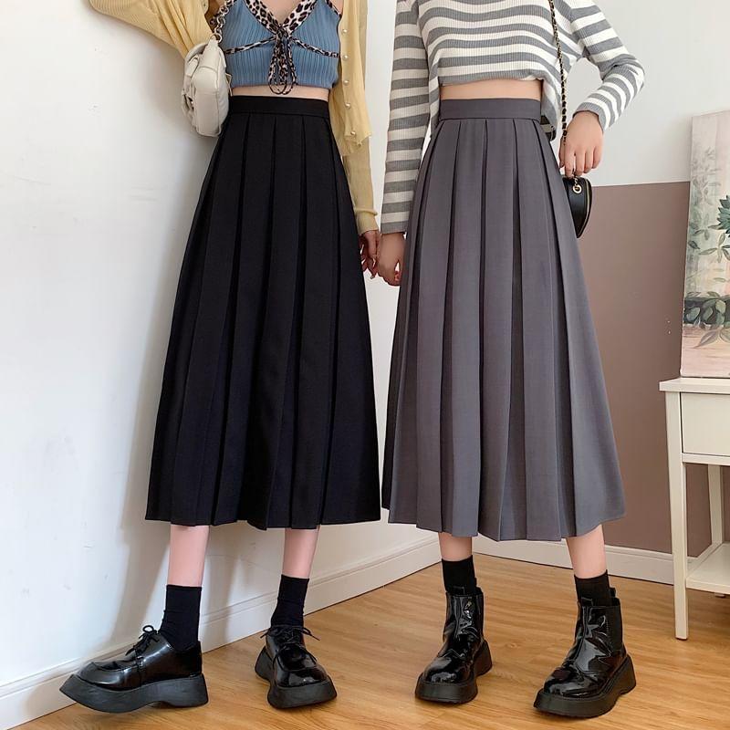 High Waist Pleated Midi A-Line Skirt Product Image
