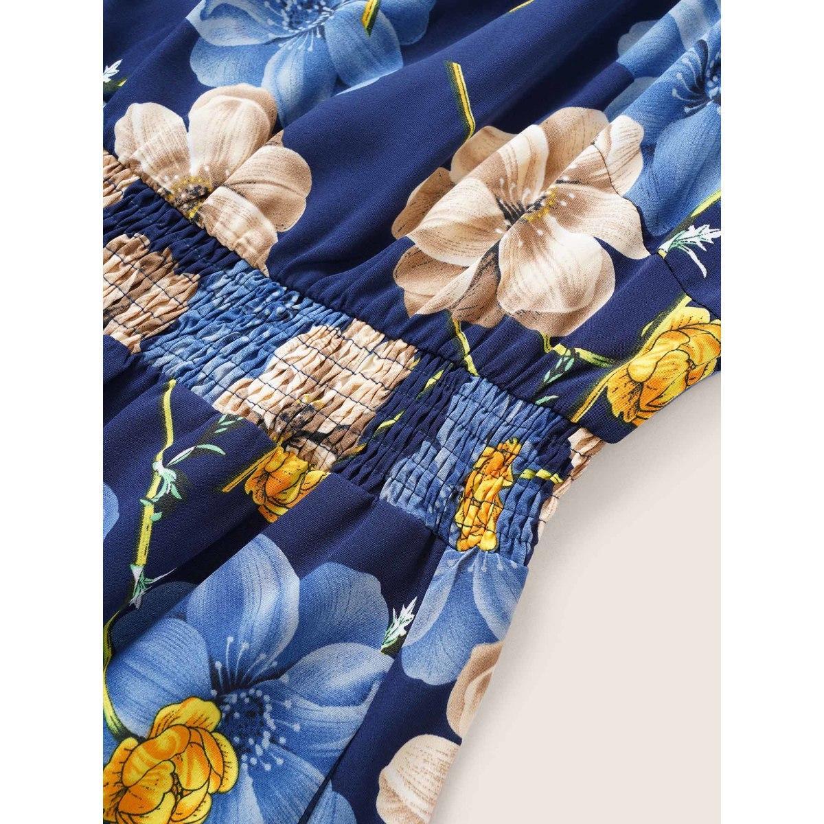 Plus Size Floral Print Square Neck Shirred Cuffs Dress DarkBlue Women Elegant Non Square Neck Elbow-length sleeve Curvy Midi Dress BloomChic 30/6X Product Image
