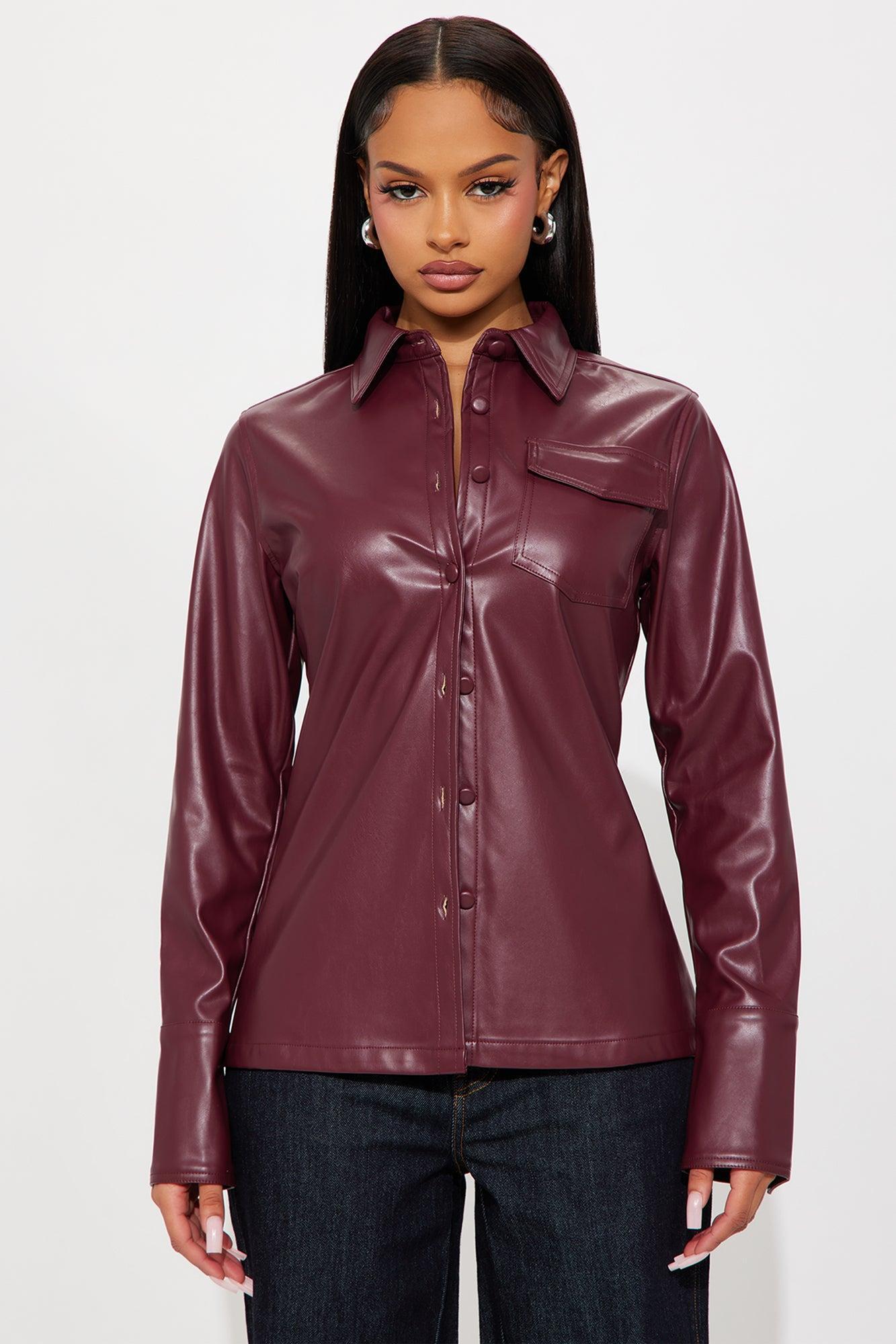 Show Time Faux Leather Shirt - Burgundy Product Image