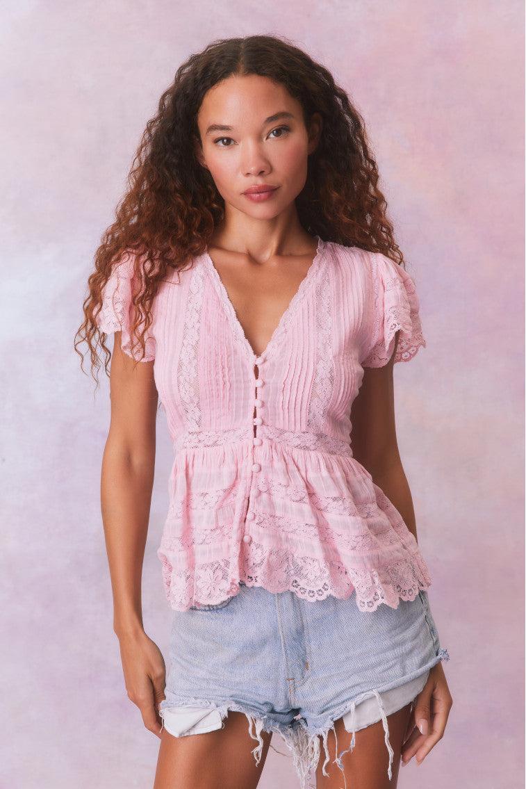 Quinella Cotton Peplum V-Neck Button-Down Blouse Product Image