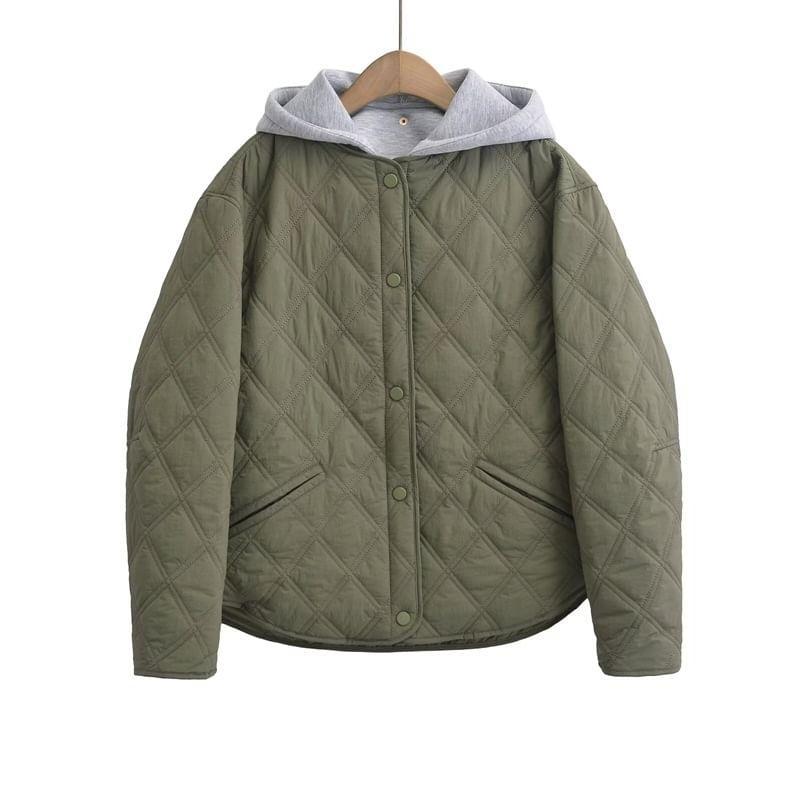 Plain Quilted Hooded Button-Up Jacket Product Image