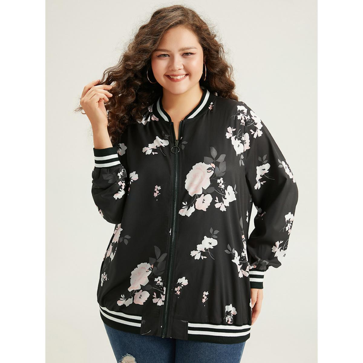 Plus Size Floral Contrast Trim O Ring Zipper Jacket Women Black Elastic cuffs Dailywear Jackets BloomChic 18-20/2X Product Image