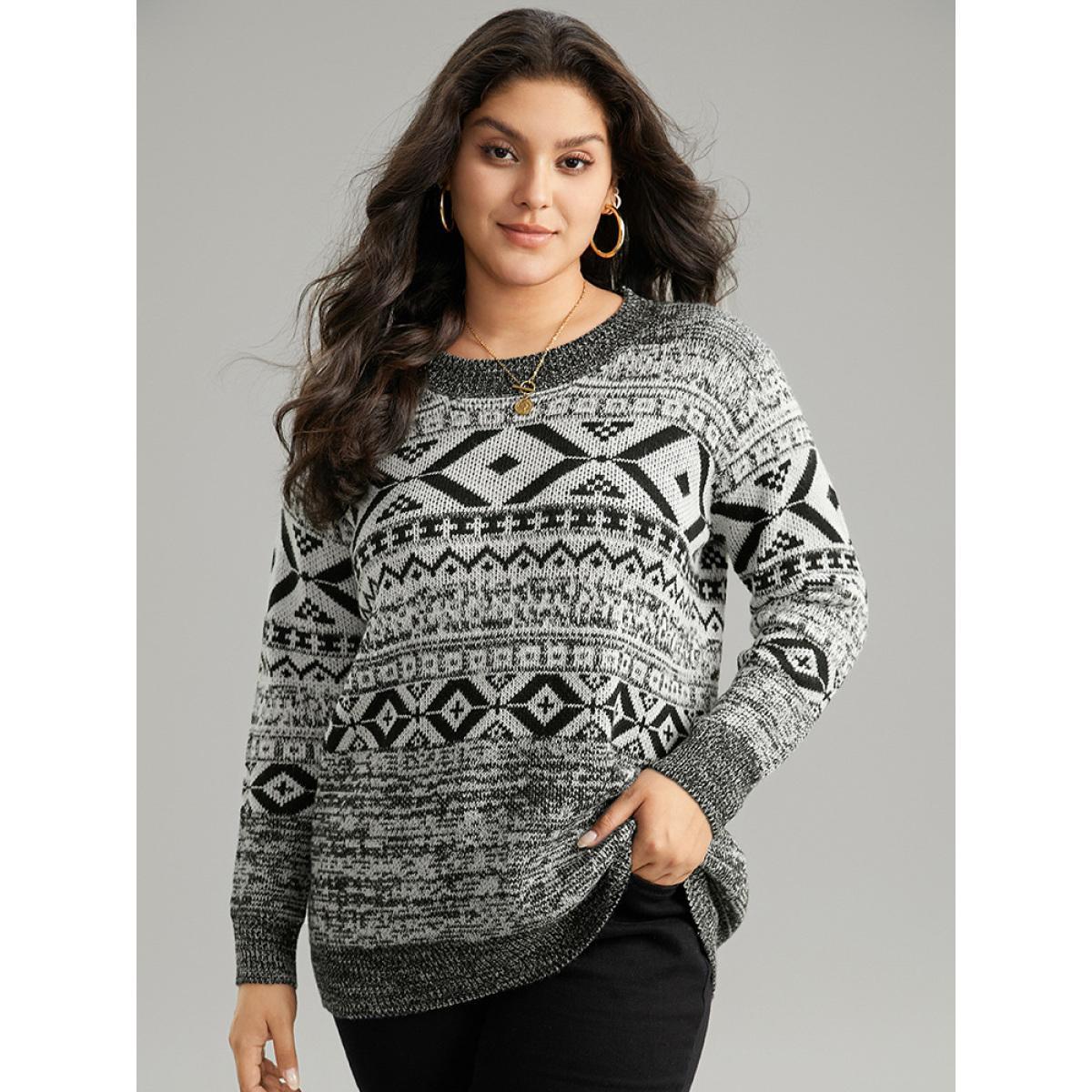Plus Size Bandana Print Heather Loose Pullover Black Women Casual Loose Long Sleeve Round Neck Dailywear Pullovers BloomChic 30/6X Product Image