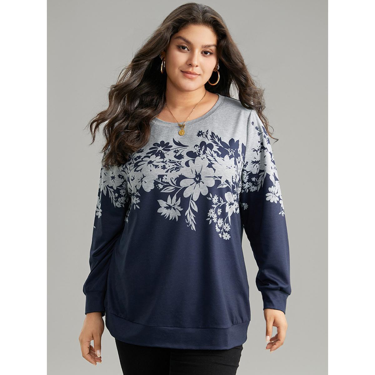 Plus Size Silhouette Floral Print Contrast Round Neck Sweatshirt Women Indigo Casual Contrast Round Neck Dailywear Sweatshirts BloomChic 30/6X Product Image