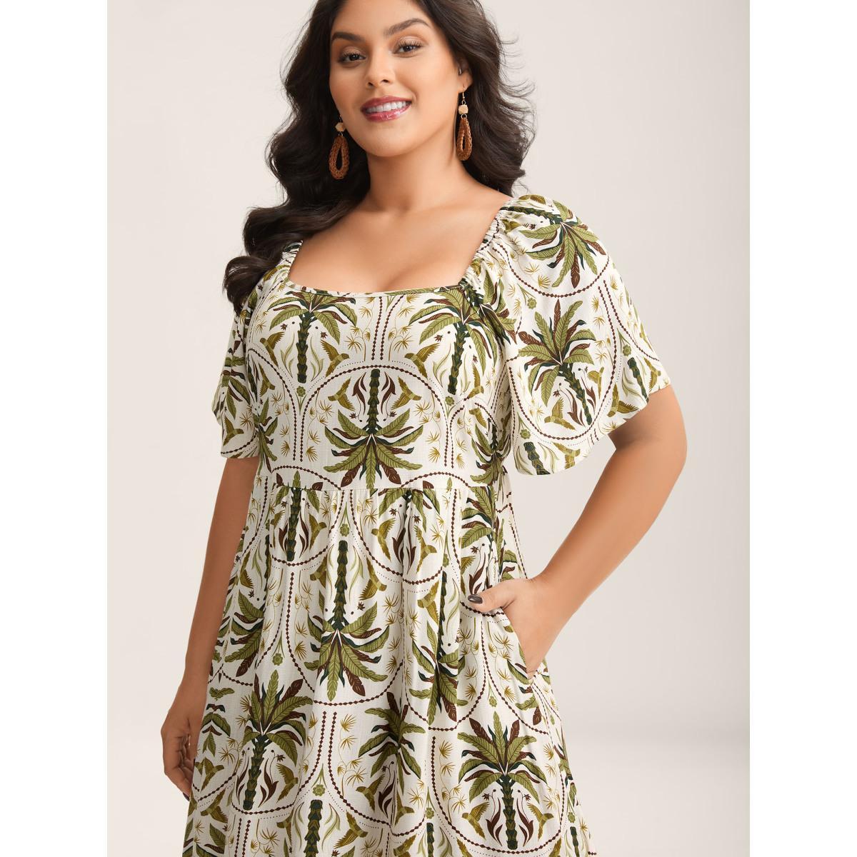 Plus Size Tropical Print A-Line Slit Midi Dress Multicolor Women Square Neck Short sleeve Curvy BloomChic 18-20/2X Product Image