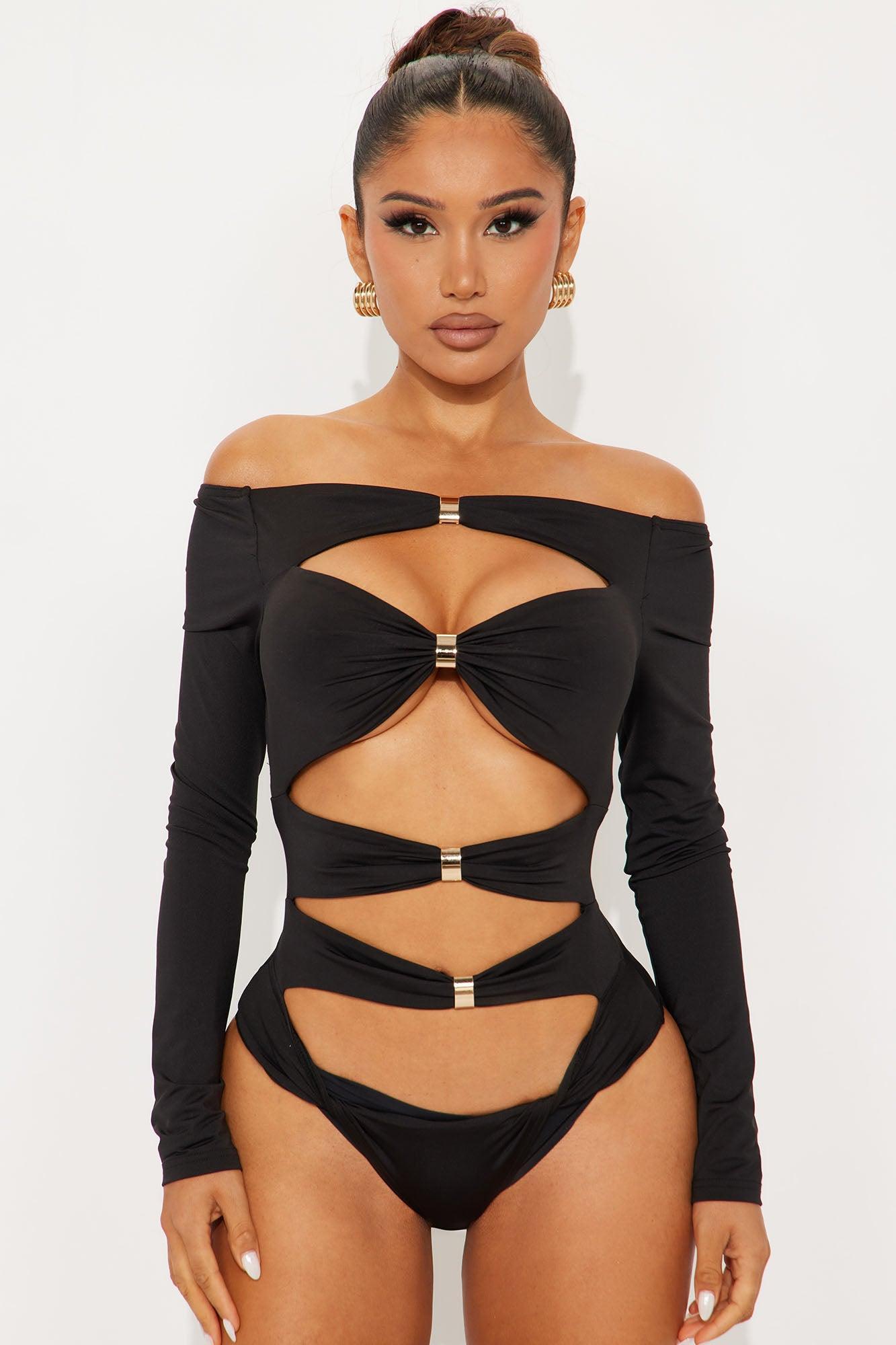 Cityscape Off Shoulder Cut Out Bodysuit - Black Product Image