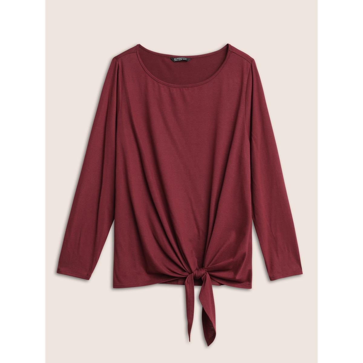 Plus Size Plain Crew Neck Ties T-shirt Burgundy Women Casual Non Plain Round Neck Everyday T-shirts BloomChic 12/L Product Image