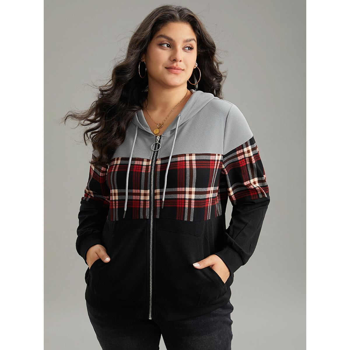 Plus Size Plaid Contrast Hooded O Ring Zipper Jacket Women Black Contrast Pocket Dailywear Jackets BloomChic 14-16/1X Product Image