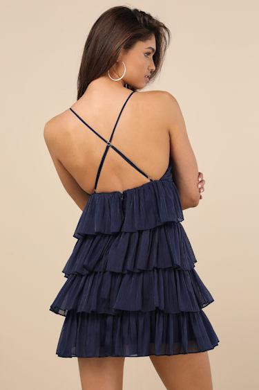 The Party's Tier Navy Organza Tiered Backless Mini Dress Product Image