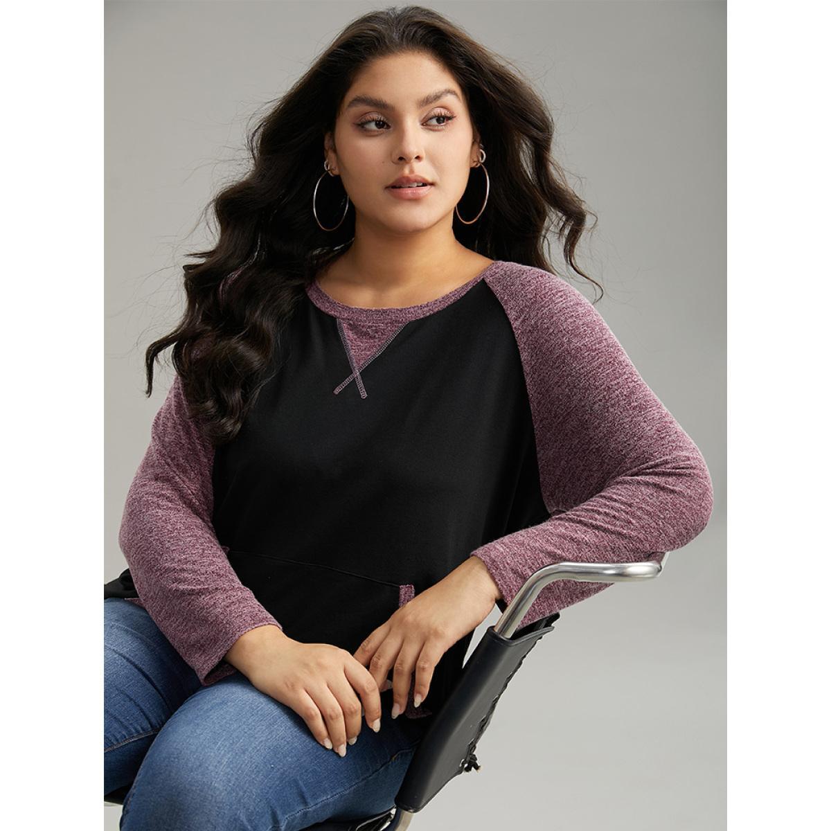 Plus Size Heather Stitch Pocket Raglan Sleeve Sweatshirt Women Black Casual Contrast Round Neck Dailywear Sweatshirts BloomChic 14-16/1X Product Image