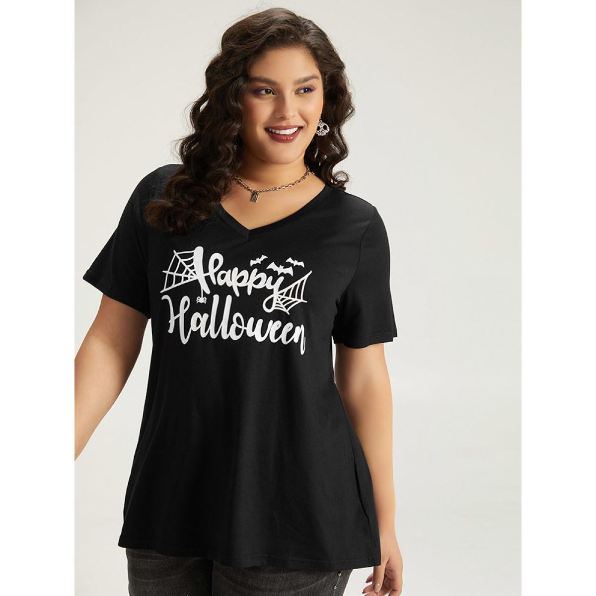 Plus Size Halloween Letter Print V Neck T-shirt Black Women Casual Printed Halloween Festival-Halloween T-shirts BloomChic 12/L Product Image