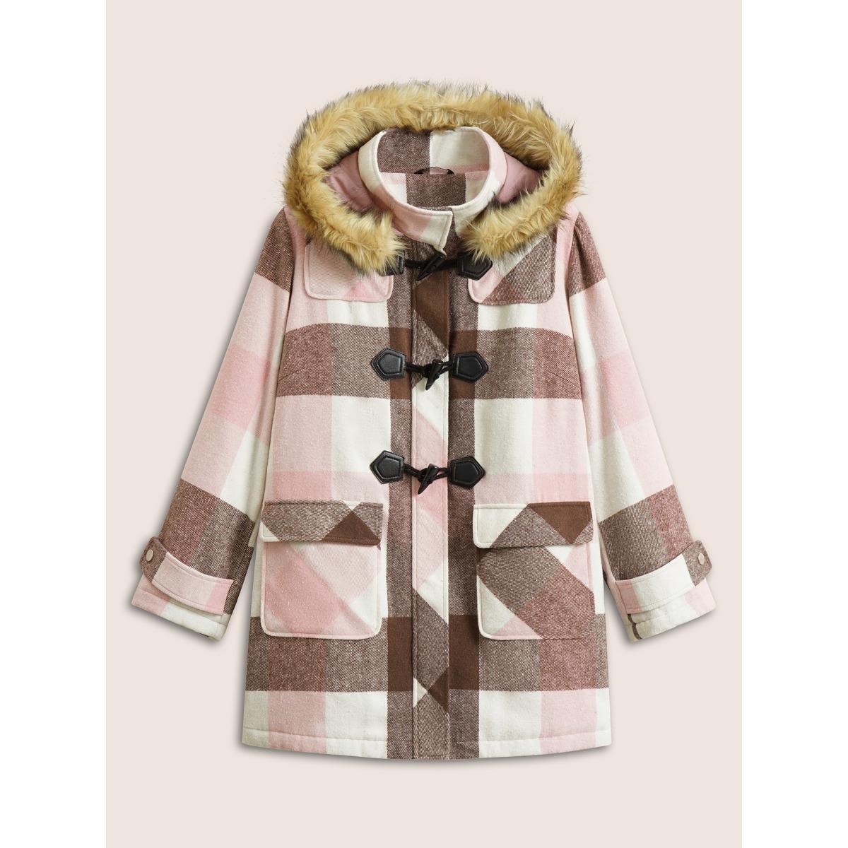 Plus Size Colorblock Contrast Fuzzy Trim Duffle Button Coat Women DustyPink Casual Lined Ladies Dailywear Winter Coats BloomChic 28/5X Product Image