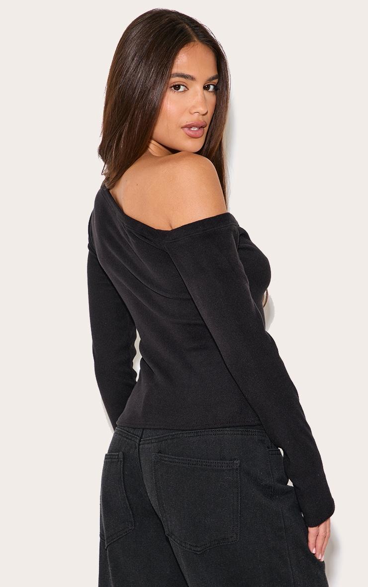 Black Soft Touch Rib Asymmetric Detail Long Sleeve Top Product Image