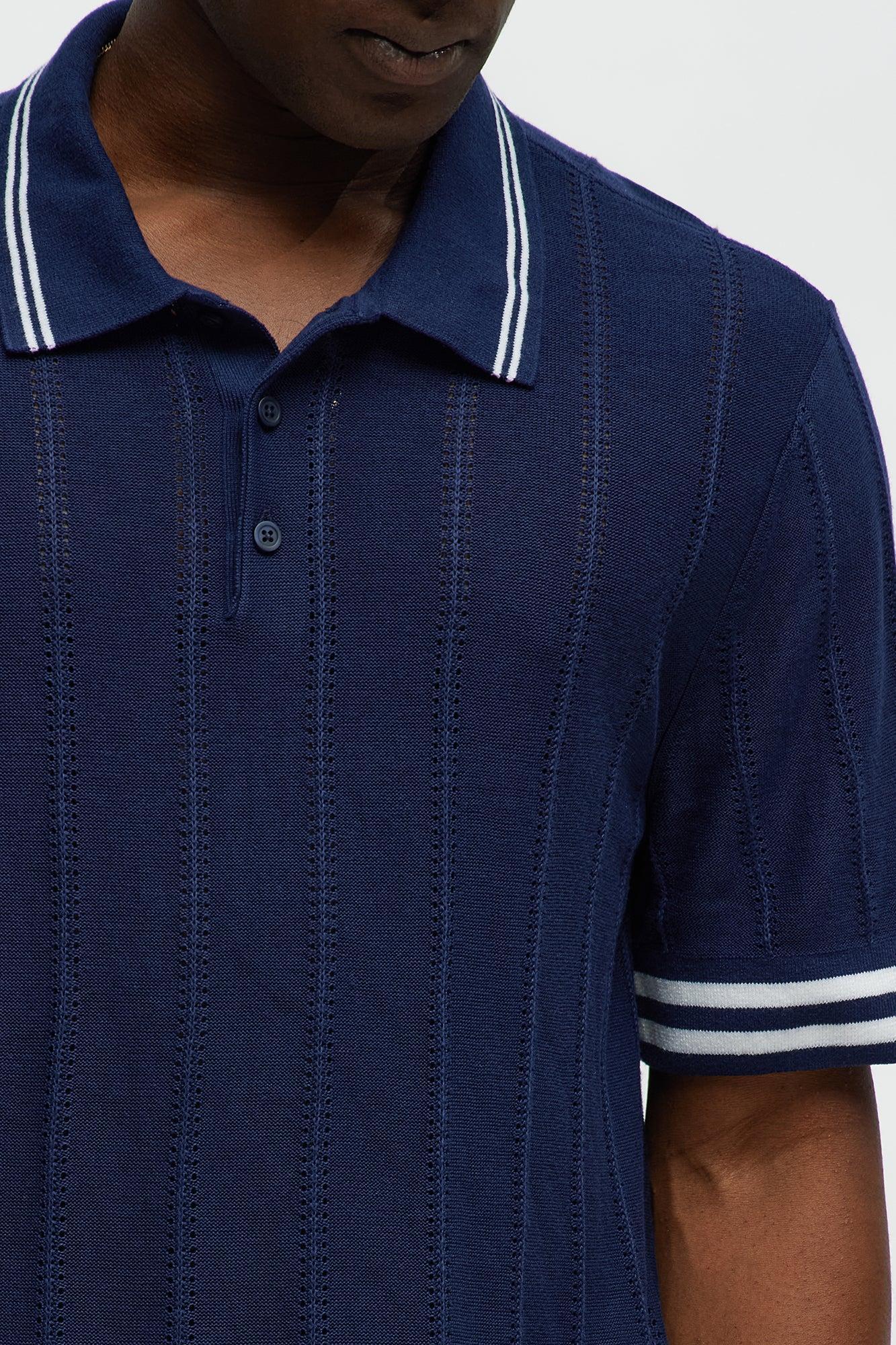 Grant Knitted Pointelle Sweater Polo - Navy/Multi Product Image