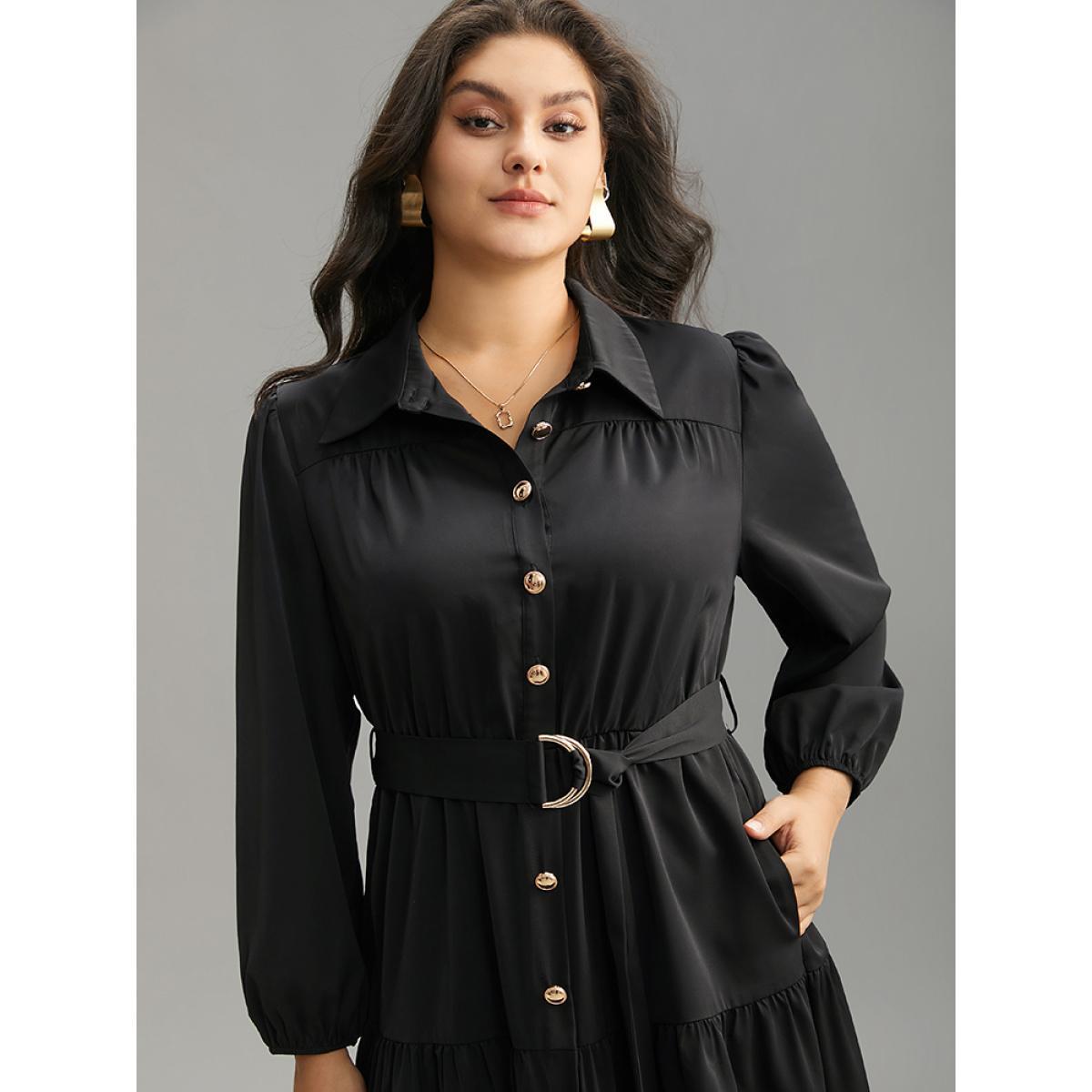 Plus Size Anti-Wrinkle Shirt Collar Belted Metal Detail Dress Black Women Office Plain Shirt collar Long Sleeve Curvy Midi Dress BloomChic 30/6X Product Image