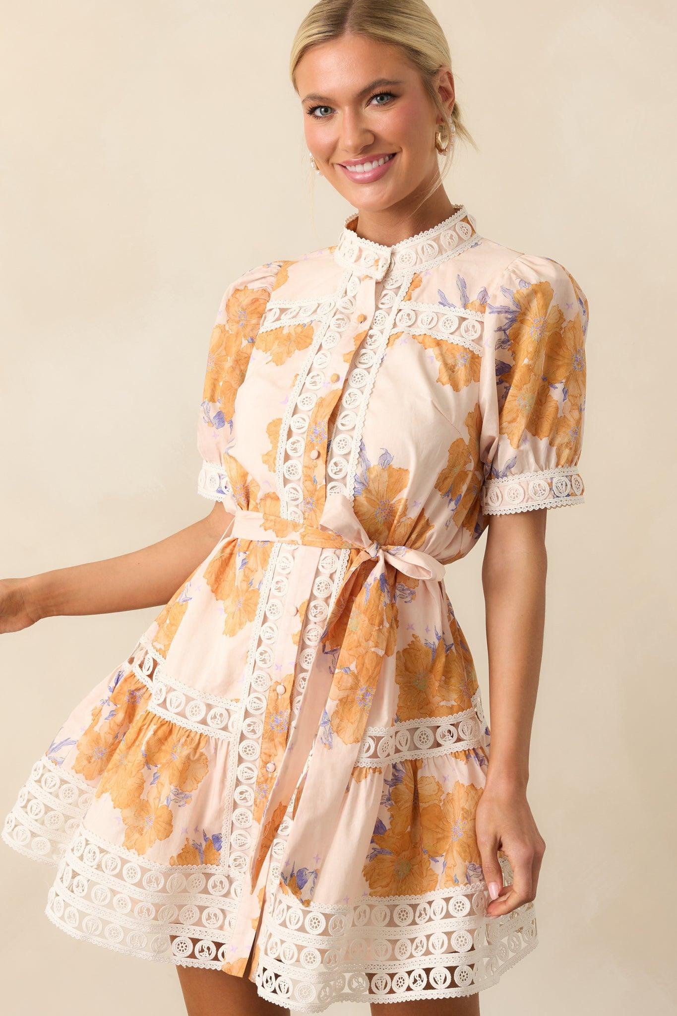 Past The Garden Gates Honey Yellow Floral Cotton Mini Dress Product Image