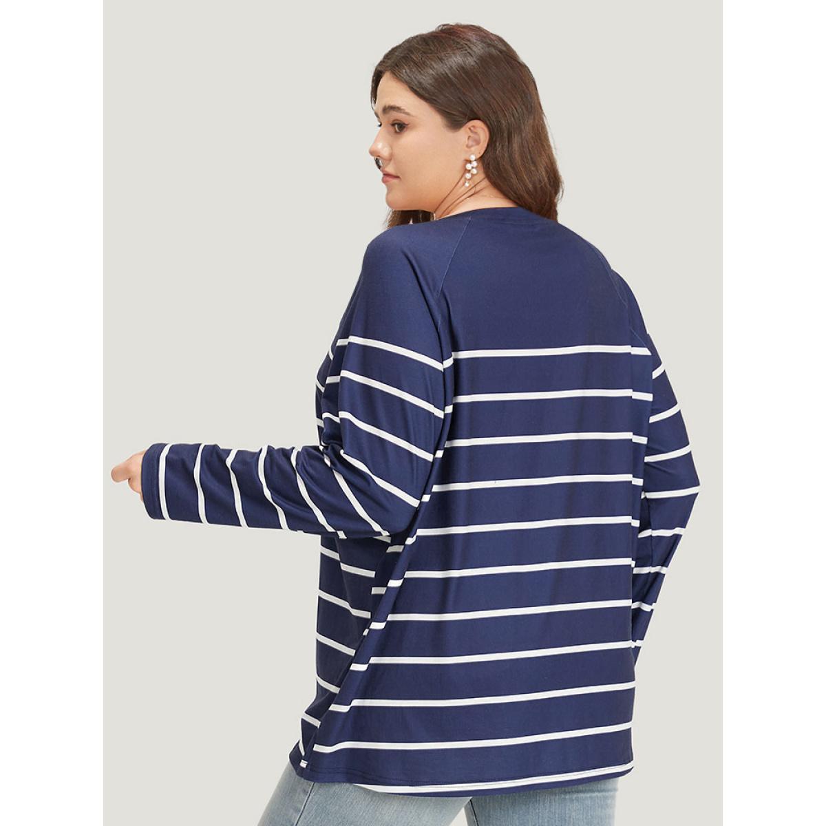 Plus Size Striped Button Up Crew Neck Raglan Sleeve T-shirt Blue Women Casual Button Striped Open Front Dailywear T-shirts BloomChic 26/4X Product Image