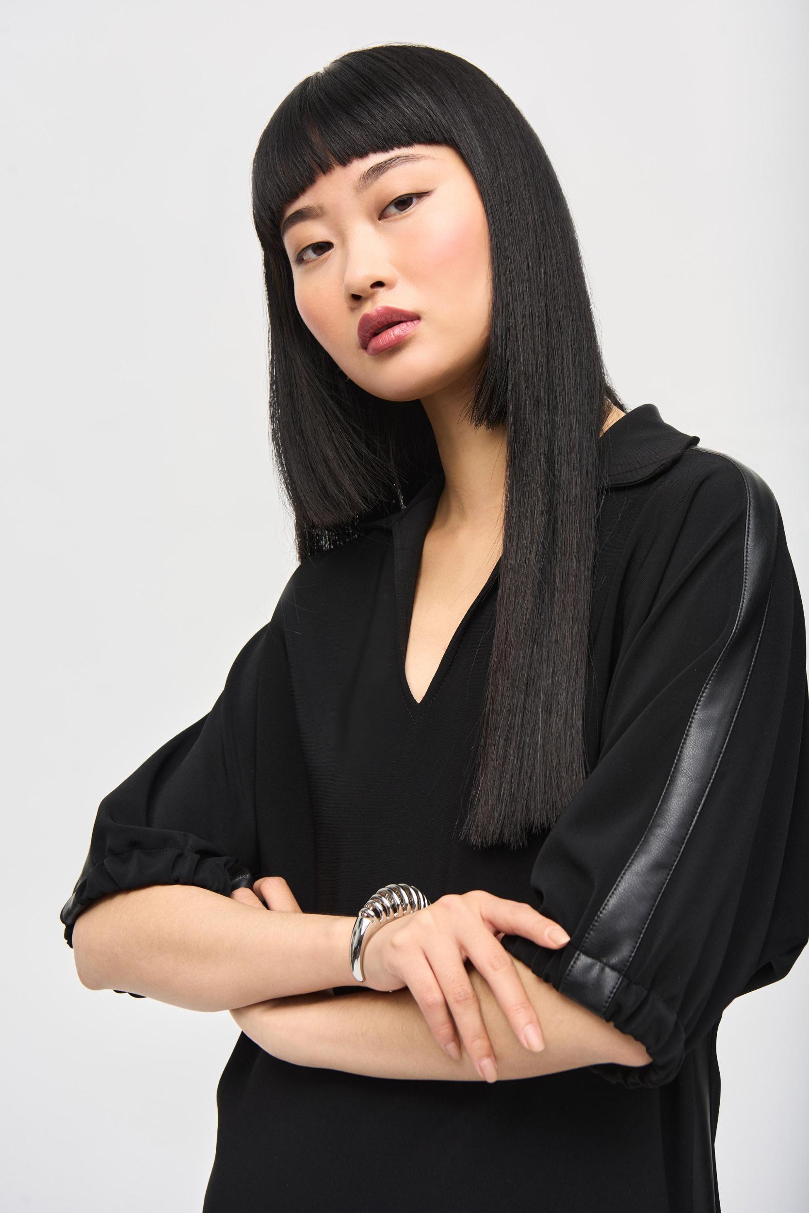 Silky Knit and Leatherette Trapeze Dress Product Image