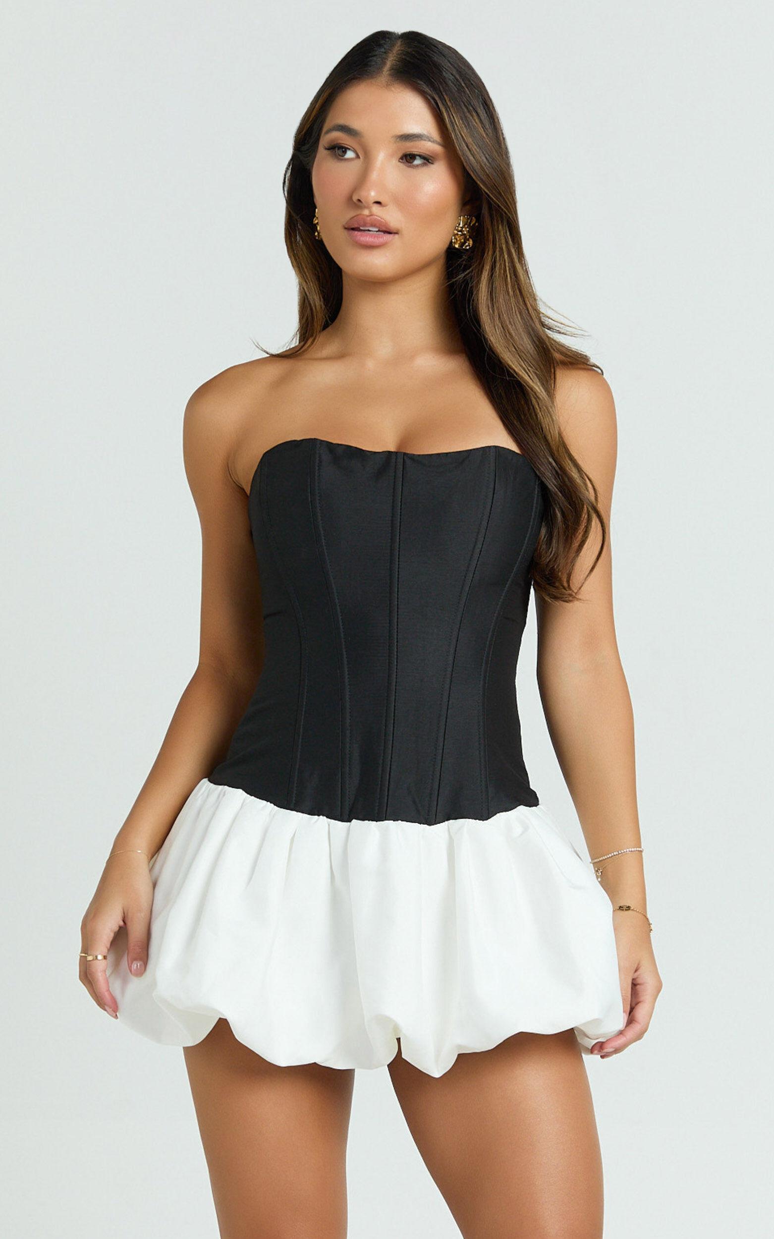 Santana Mini Dress - Strapless Fit And Flare Bubble Hem Dress in Black/White Product Image