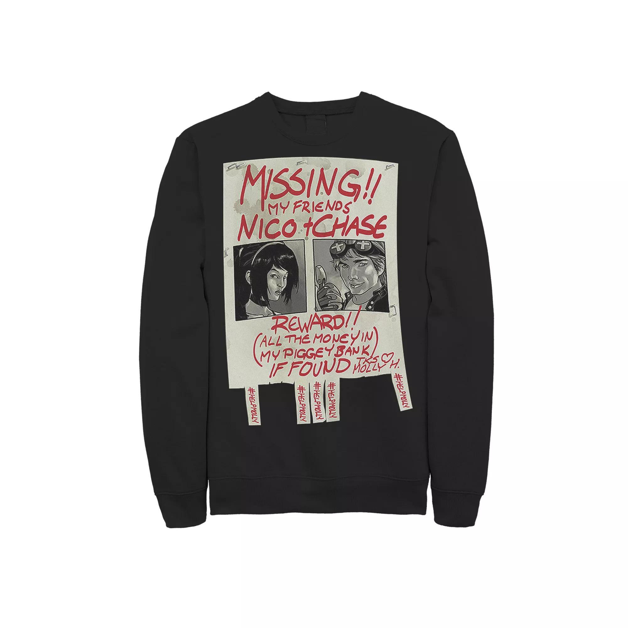 Men's Marvel Runaways Nico Chase Missing Poster Graphic Fleece Pullover, Size: Large, Black Product Image