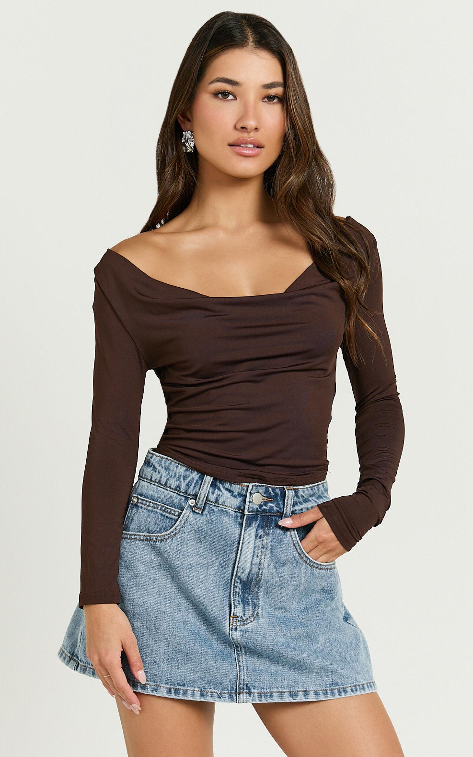 Blaire Top - Long Sleeve Cowl Neck Top in Chocolate Product Image